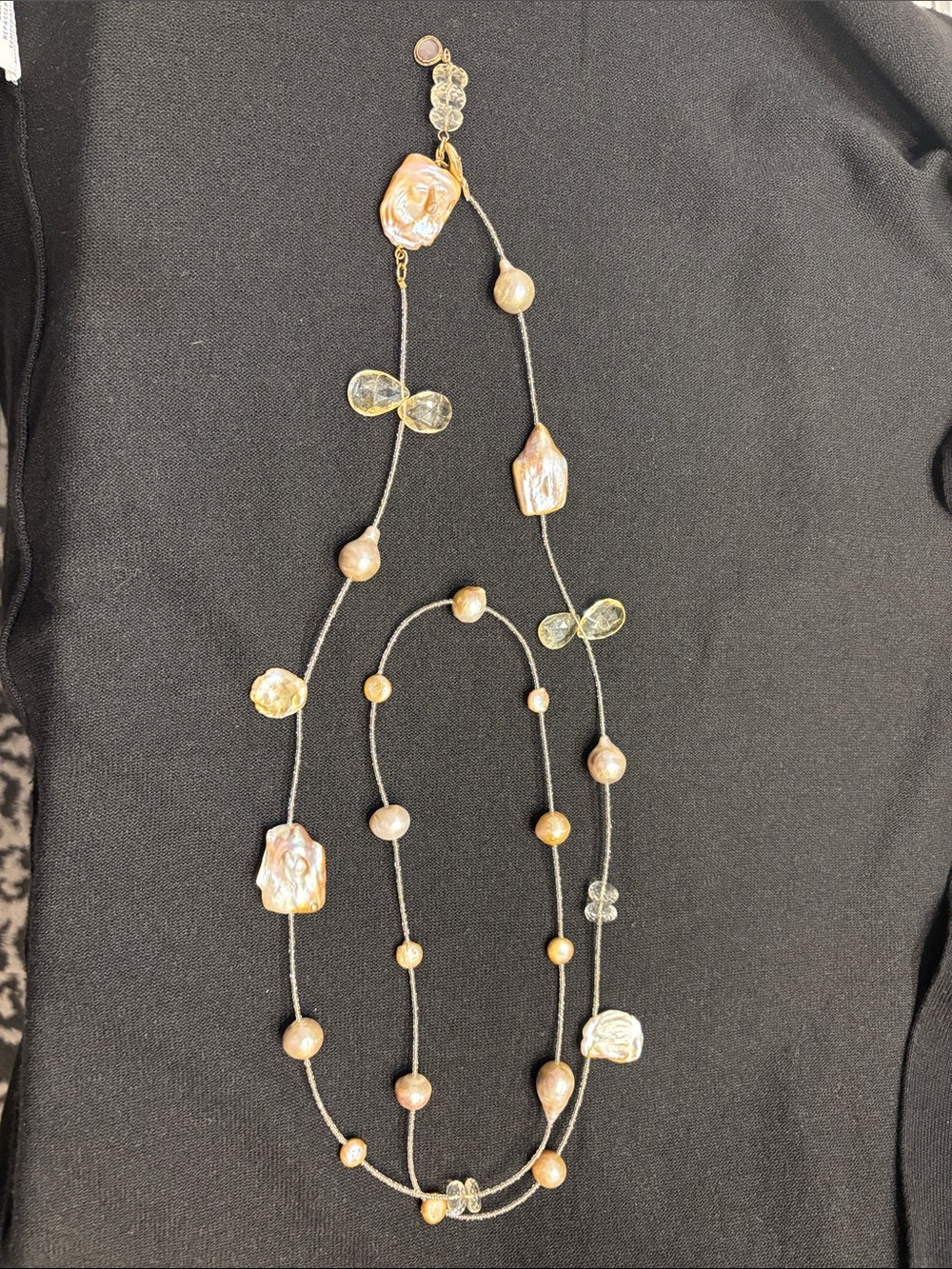 Golden Pearl and Crystal Station Necklace - Luminous Champagne Tone